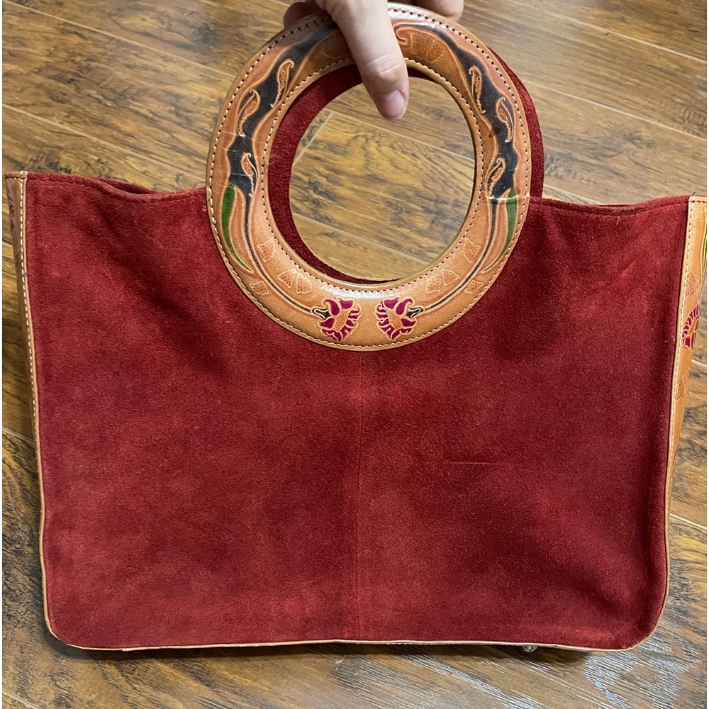 Boho Hand Bag Suede Tooled Leather Floral Dark
Red Tan